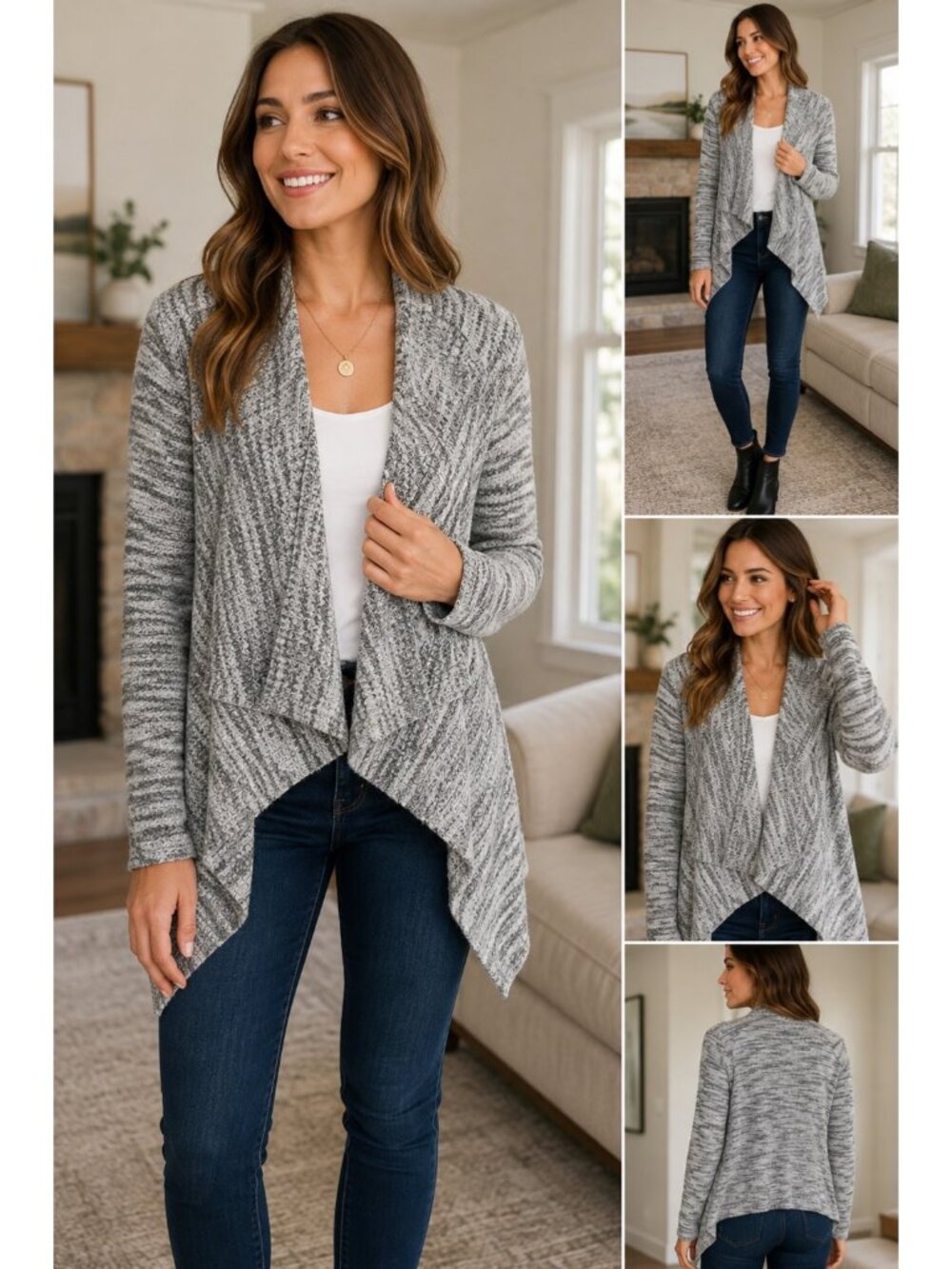 Ann Taylor Gray Marled Open Front Draped Cardigan Sweater Womens S Asymmetrical